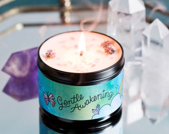 GENTLE AWAKENING | Magic Aromatherapy Candle - Crystal & Herb Infused Meditation Candle - Lavender Woodsy