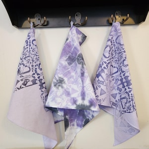 Lavender hand/tie dyed and block-printed Sapphic Circle triangle bandana (22"x22")