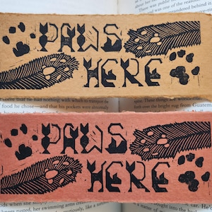 Paws Here linocut bookmark | cat/pun lover gift