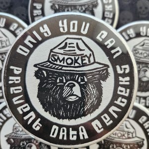 May include: A circular pin featuring a black and white illustration of a bear wearing a ranger hat with the word SMOKEY on it. The text surrounding the bear reads ONLY YOU CAN PREVENT DATA CENTERS in a bold, block-style font.