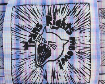 Trans Rights Meow block-printed sew-on patch | trans pride/support (5")
