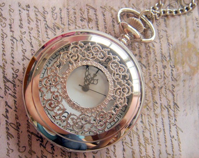 Vintage Lace. LARGE Pocket Watch Necklace. silver Tone Etsy