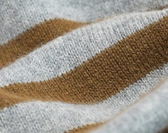 Artisanal baby alpaca and merino wide throw, handcrafted natural wool knit, striped pattern with contrasting ends, soft stockinette stitch