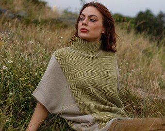 Loose Fit Batwing Sweater with Mock Neck in Merino and Baby Alpaca, Fair Isle Herringbone Design