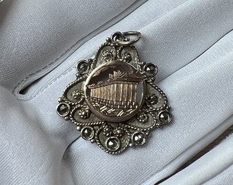 Delicate Estate Greek 1000 Silver Marcasite Cut Out Golden Acropolis / Parthenon Tourist Filigree Pendant / Charm