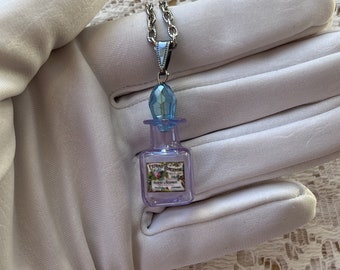 Tiny Light Purple Square Glass Perfume Bottle Necklace, Vintage Paper Floral Perfume Label Copy, Aqua Blue Crystal Stopper