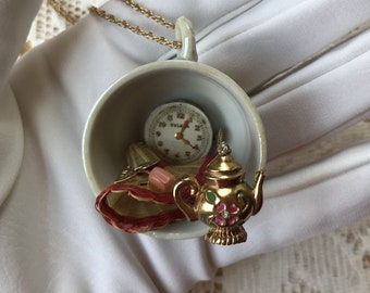 Handmade Afternoon Teatime Vintage Teacup / Pieces Collage / Mixed Media Necklace / Pendant, Vintage Jewelry, Teapot, Straw Hat, Diorama