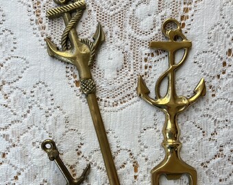 Lot of Three Vintage Brass Anchor Themed Home Decor Items, Brass Anchor Bottle Opener, Ornament, and Letter Opener, Gift for Him