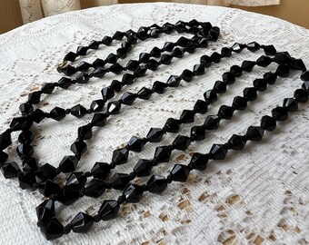 Vintage Rope Length Black Glass Bi-cone Bead Flapper Necklace, Knotted Beads, 58"