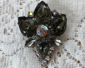 Vintage Dark Gray and AB / Aurora Borealis Rhinestone Brooch