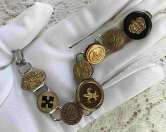 OOAK Handmade Vintage Button French / France Themed Bracelet, Fleur de Lis, Crown / Crowns, Cross, Vintage Metal / Plastic Buttons