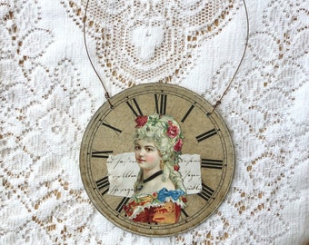 Upcycled Vintage Clock Face Ornament, Vintage / Antique Scrapbook Piece of French Girl, Vintage Letter Script, Vintage Music, Wall Decor