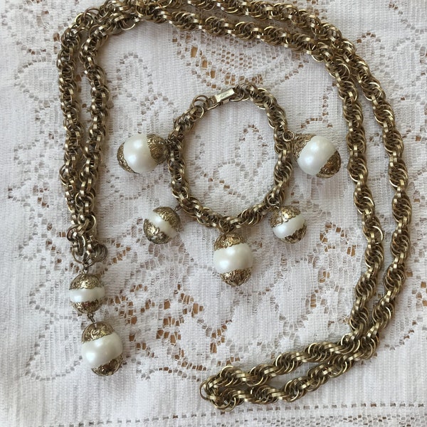 Vintage Estate Big Chunky Judy Lee Bracelet and Long Necklace Set, Big Pearly Egg Shaped Beads with Filigreed Ends
