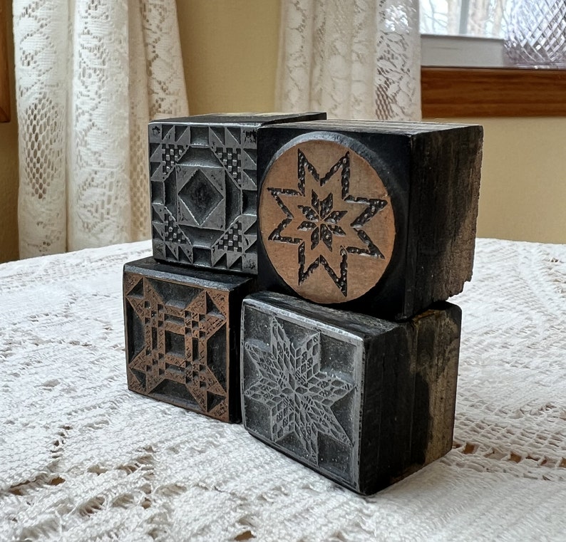 Four Vintage Wood Block Two Metal, Two Copper Quilt Block Themed Stamps, One Letterpress Copperplate image 3