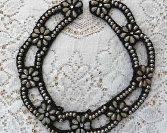 Vintage Black Flower Open Work Collar / Trim / Dress Embellishment, Black Beads, Faux Pearl Beads, Mirrored Montees