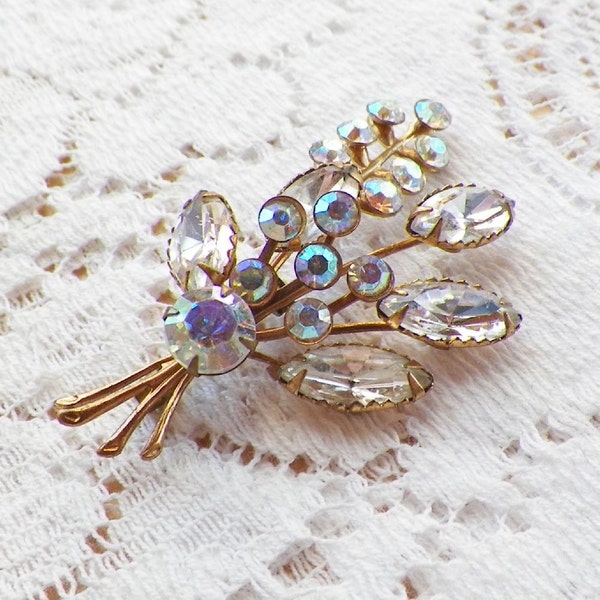 Delicate Vintage AB / Aurora Borealis and Clear Rhinestone Spray Brooch / Pin / Broach, Rhinestones, Bride / Bridal