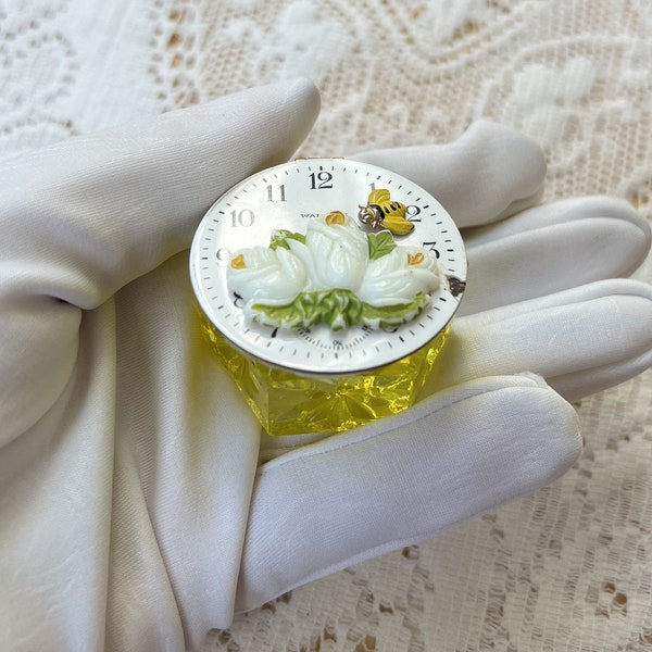 Vintage Clock & Bee, Celluloid Roses Jewelry Embellished Vintage Glass Yellow Salt Cellar Ring Holder, Presentation Box, Engagement Ring Box
