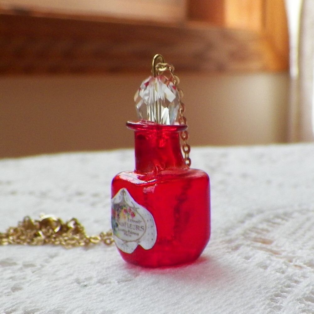 Tiny Red Glass Perfume Bottle with Vintage Paper Perfume Label Etsy