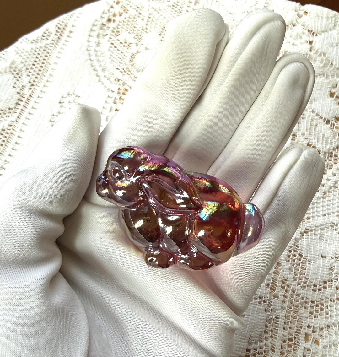 Sweet Vintage Iridescent Carnival Glass Style Pink Miniature Rabbit ...