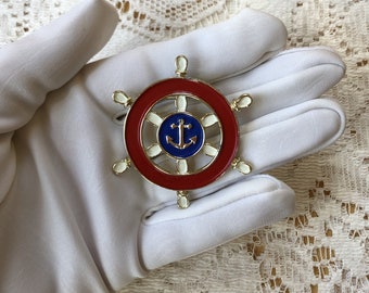 Vintage Ship's Wheel Brooch, Red, White, and Blue Enamel Paint, Anchor, Helm, Nautical Themed, Sea / Ocean Themed, Patriotic