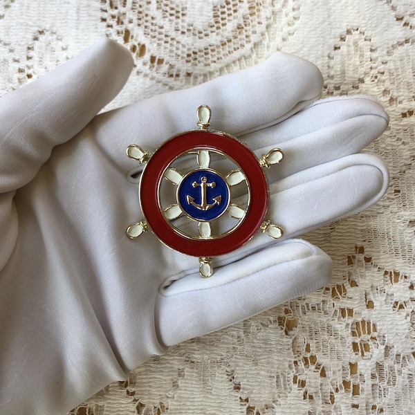 Vintage Ship's Wheel Brooch, Red, White, and Blue Enamel Paint, Anchor, Helm, Nautical Themed, Sea / Ocean Themed, Patriotic