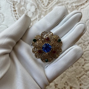 Vintage Jewel Tones Rhinestone Filigreed Brooch, Ruby Red, Emerald Green, Sapphire Blue Rhinestones image 1