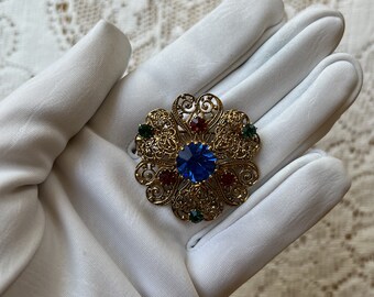 Vintage Jewel Tones Rhinestone Filigreed Brooch, Ruby Red, Emerald Green, Sapphire Blue Rhinestones