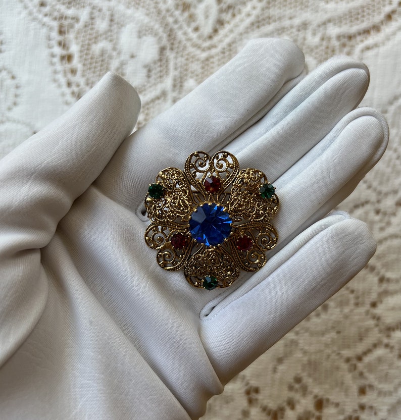 Vintage Jewel Tones Rhinestone Filigreed Brooch, Ruby Red, Emerald Green, Sapphire Blue Rhinestones image 1