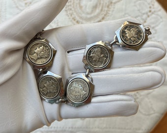 Vintage Estate 1940s Mercury Dimes and Central Barber Dime Bracelet, Mercury god of Commerce, 1915 Lady Liberty, 10 Cent Coin Jewelry