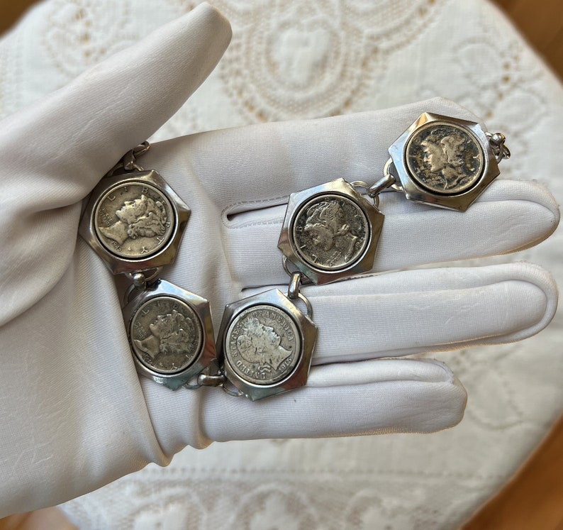 Vintage Estate 1940s Mercury Dimes and Central Barber Dime Bracelet, Mercury god of Commerce, 1915 Lady Liberty, 10 Cent Coin Jewelry image 1