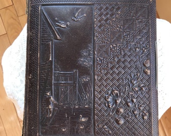 Vintage / Antique Embossed Hand Tooled Fishing Scene, Duck Pond, Flowers Leather Photo Album Full of Photographs Photos, Weddings, Priests