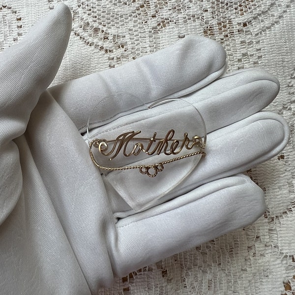 Vintage Clear Lucite Heart Shaped Golden Script "Mother" Brooch, Mother's Day Gift, Gift for Mother