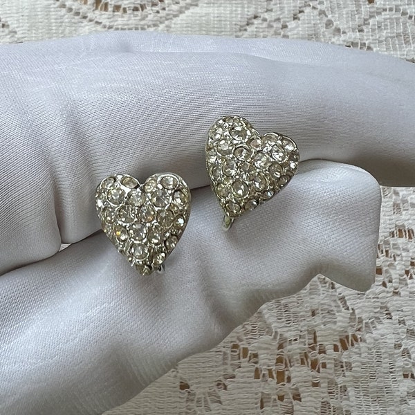 Vintage Pave Set Clear Rhinestone Heart Shaped Screw Back Earrings, Vintage Bridal