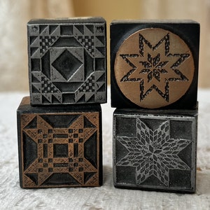 Four Vintage Wood Block Two Metal, Two Copper Quilt Block Themed Stamps, One Letterpress Copperplate image 2