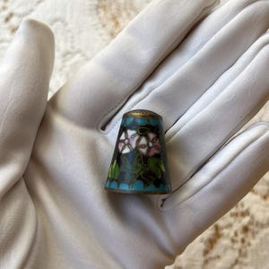 Vintage Heavy Cloisonne Enamel Decorative Large Thimble, Pink White Morning Glories, Aqua, Enamel, Floral Collectible