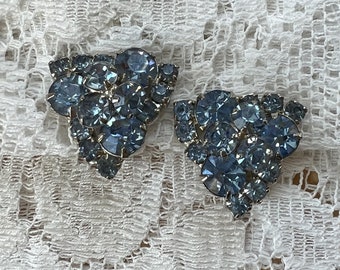 Vintage Light Blue Rhinestone Triangle Shaped Clip On Earrings, Silver Tone, Something Blue