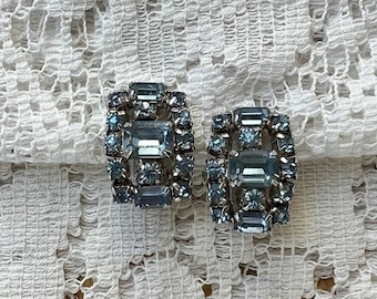 Vintage Light Blue Rhinestones Clip On Earrings