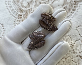 Vintage Dark Plum Purple Leaf Frond / Fronds Clip On Earrings