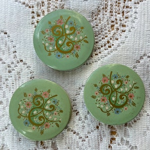 Three Vintage Round Powder Rouge Tins, Mint Green Lids, Floral, Pink Blue and White Flowers, Off White, Pink Blush image 2