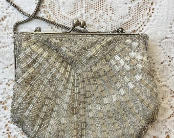 Vintage Estate Silver Glass Bead Clam Shell Shaped Beaded Purse / Evening Bag