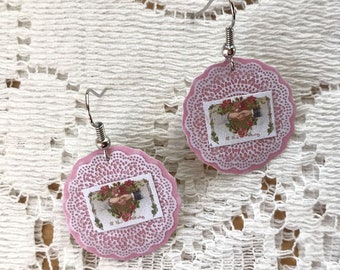 Handmade Paper Valentine Pierced Earrings, Victorian Two Hands, Heart, Pink Flowers, Paper Doily, Vintage Valentine, Valentine's Day Jewelry