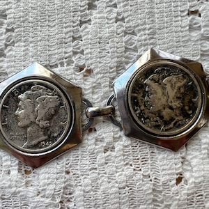 Vintage Estate 1940s Mercury Dimes and Central Barber Dime Bracelet, Mercury god of Commerce, 1915 Lady Liberty, 10 Cent Coin Jewelry image 5