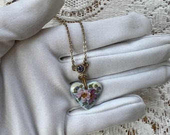 Upcycled / Recycled Vintage Hand Painted Heart Shaped Pendant on Avon Purple / AB Bezel Set Stones Chain, Pink / Purple Flowers, Floral