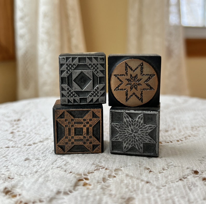 Four Vintage Wood Block Two Metal, Two Copper Quilt Block Themed Stamps, One Letterpress Copperplate image 1