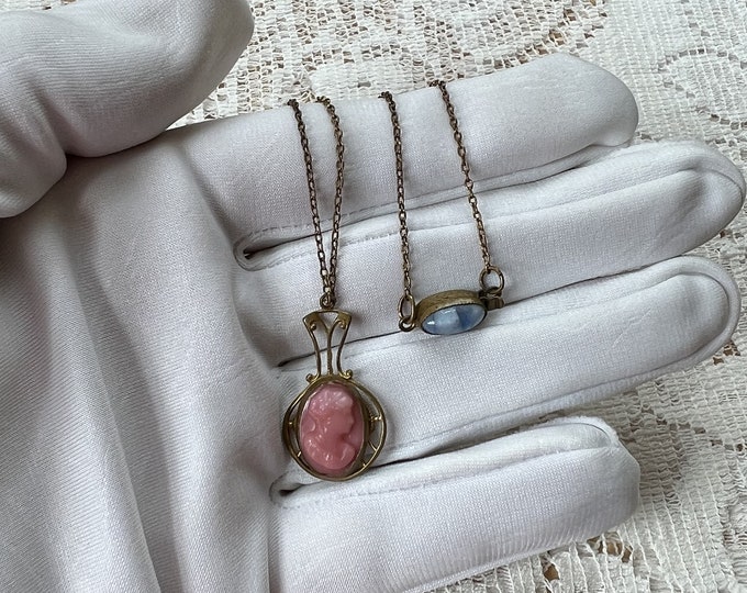 Vintage / Antique Estate Pink Glass Cameo Pendant / Necklace With Blue / White Marbled Glass