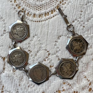 Vintage Estate 1940s Mercury Dimes and Central Barber Dime Bracelet, Mercury god of Commerce, 1915 Lady Liberty, 10 Cent Coin Jewelry image 2
