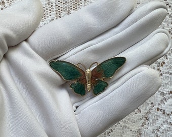 Vintage Guilloche Enamel Green / Brown Open Butterfly Brooch
