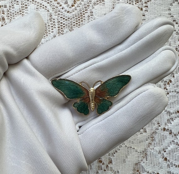 Vintage Guilloche Enamel Green / Brown Open Butte… - image 1