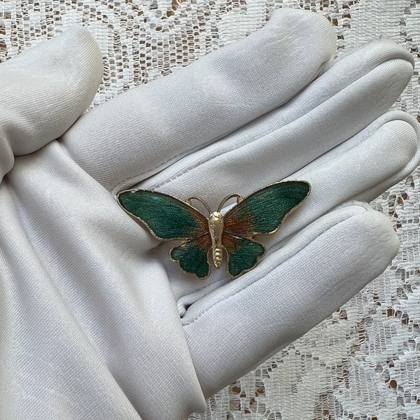 Vintage Guilloche Enamel Green / Brown Open Butterfly Brooch