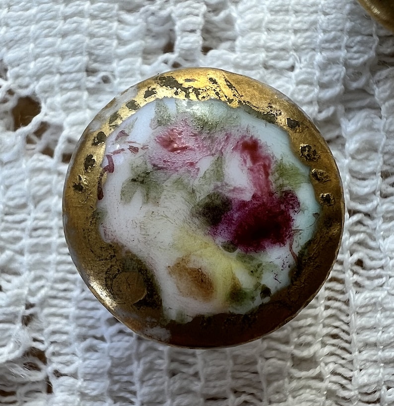 Two Vintage / Antique Hand Painted Porcelain Button Studs / Collar Studs / Shirt Studs, Gold Gilt Edges, Pink Roses image 5